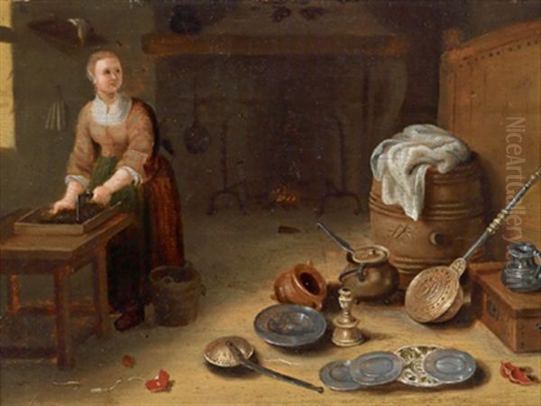 Kucheninterieur Mit Einer Magd Und Verschiedenen Gefasen Oil Painting by Egbert Lievensz van der Poel