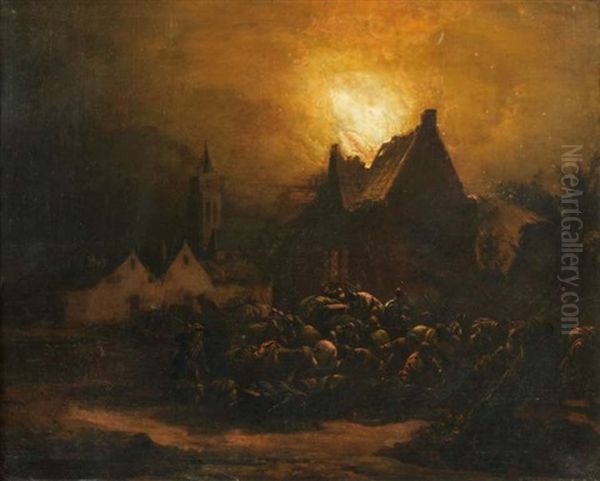 Villageois Fuyant Avec Leurs Betes Un Village En Feu La Nuit Oil Painting by Egbert Lievensz van der Poel