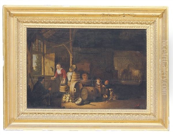 The Interior Of A Stable, With A Peasant Family Oil Painting by Egbert Lievensz van der Poel