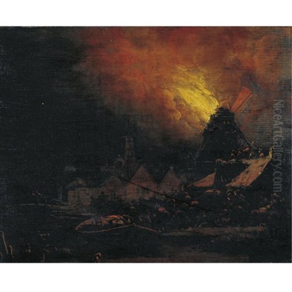 A Burning Mill At Night With Villagers Scrambling To Extinguish The Fire Oil Painting by Egbert Lievensz van der Poel