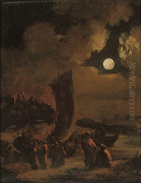 A Moonlit Beach With Figures By Boats Oil Painting by Egbert Lievensz van der Poel