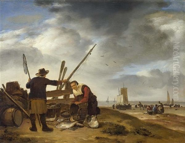 Eine Fischverkauferin Am Strand Von Scheveningen Oil Painting by Egbert Lievensz van der Poel