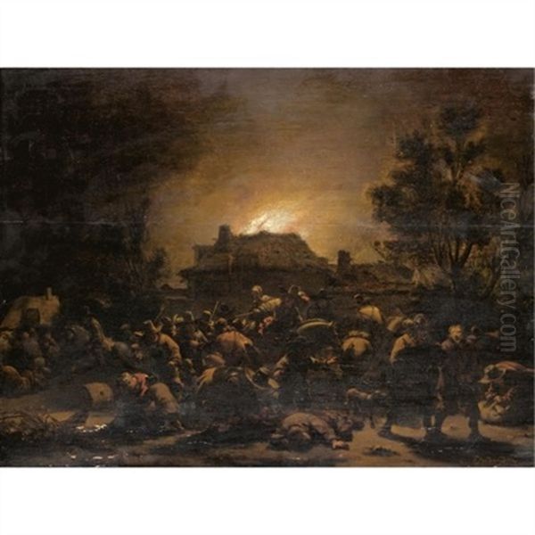 Soldiers Plundering And Burning A Village At Night Oil Painting by Egbert Lievensz van der Poel