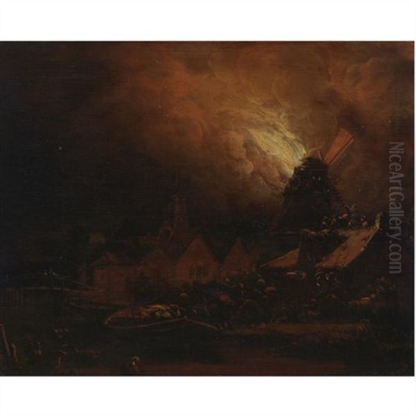 A Burning Mill At Night With Villagers Scrambling To Extinguish The Fire Oil Painting by Egbert Lievensz van der Poel