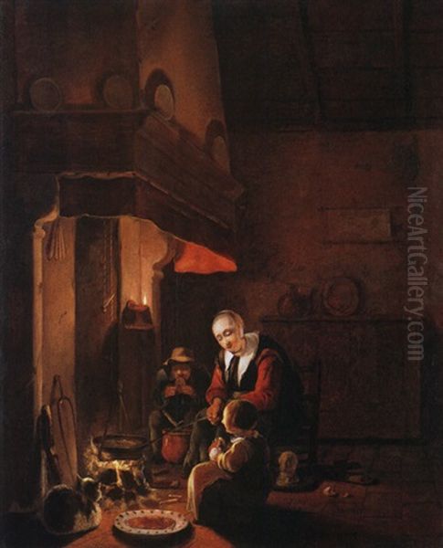 Interieur Mit Familie Beim Essen Am Kamin Oil Painting by Egbert Lievensz van der Poel