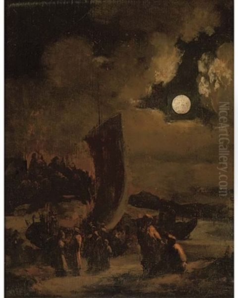 A Moonlit Beach With Figures By Boats Oil Painting by Egbert Lievensz van der Poel