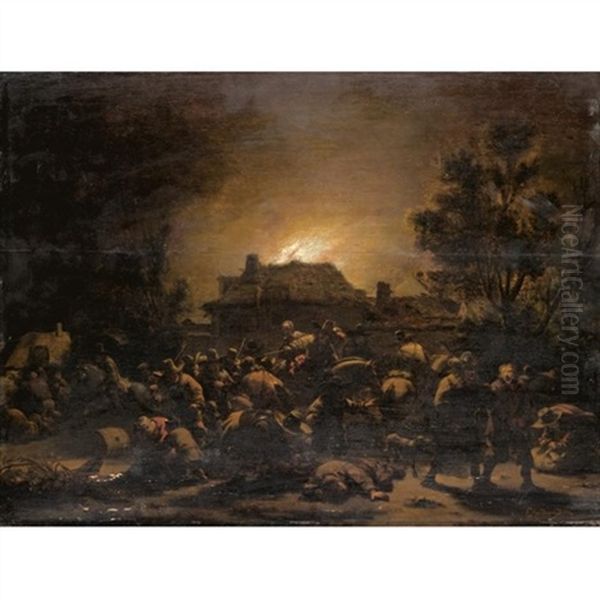 Soldiers Plundering And Burning A Village At Night Oil Painting by Egbert Lievensz van der Poel