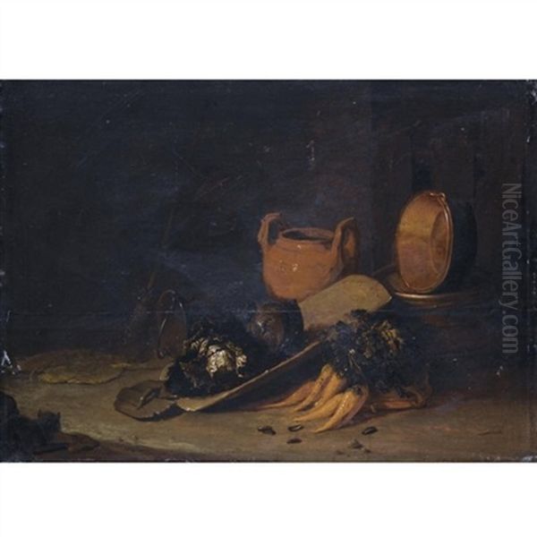 A Still Life With A Terracotta Urn, A Copper Basin, Cabbages And Carrots, Set In A Barn Interior Oil Painting by Egbert Lievensz van der Poel