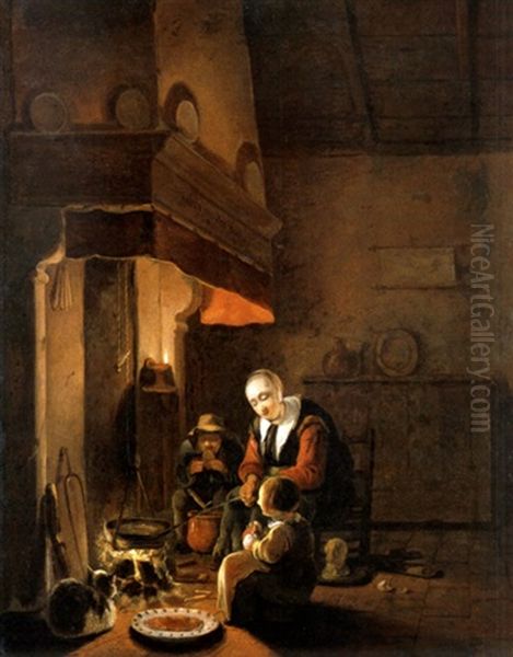 Interieur Mit Familie Beim Essen Am Kamin Oil Painting by Egbert Lievensz van der Poel