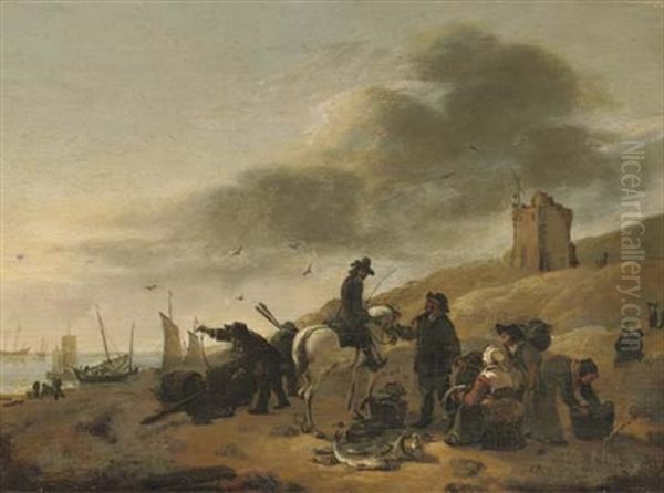 A Horseman Conversing With Fisherfolk On A Beach Oil Painting by Egbert Lievensz van der Poel