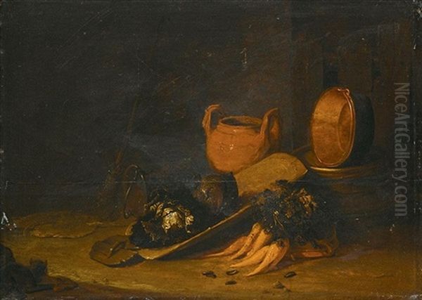 A Still Life With A Terracotta Urn, A Copper Basin, Cabbages And Carrots, Set In A Barn Interior Oil Painting by Egbert Lievensz van der Poel