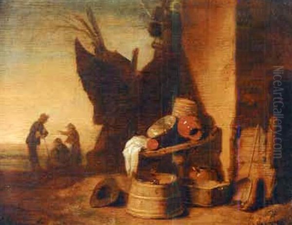 Nature Morte Aux Ustensiles Devant La Ferme Oil Painting by Egbert Lievensz van der Poel