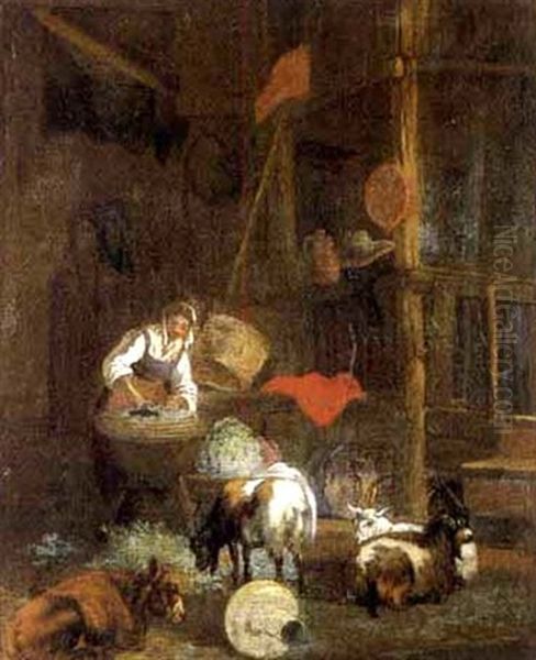 Stall Mit Bauerin Beim Futtern Der Ziegen Oil Painting by Egbert Lievensz van der Poel