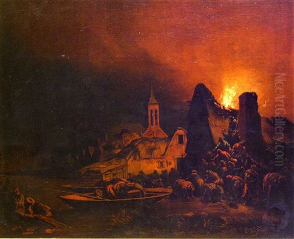 Scene D'incendie Nocturne Dans Un Village Au Bord D'un Canal Oil Painting by Egbert Lievensz van der Poel