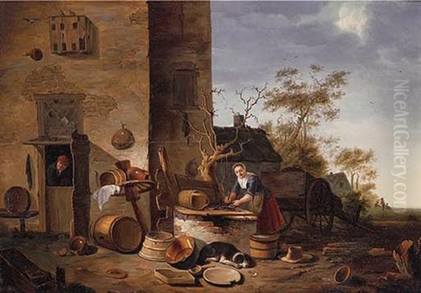 A Kitchenmaid Cleaning Fish Before A Farmhouse Oil Painting by Egbert Lievensz van der Poel