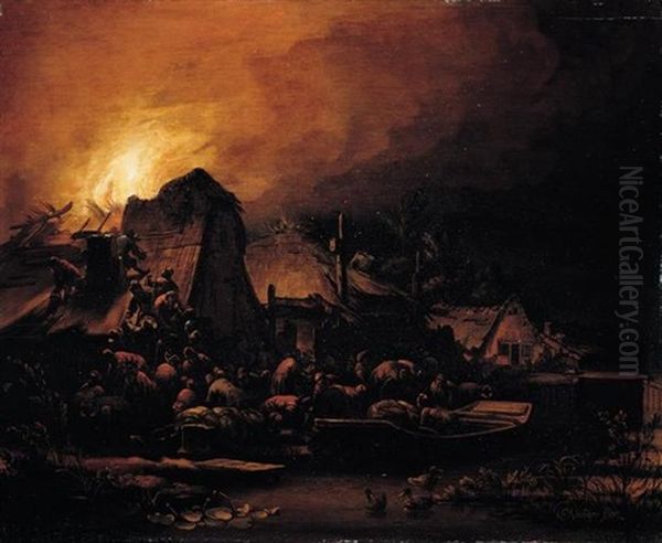 A Nocturnal Scene With A Cottage Ablaze Beside A Canal Oil Painting by Egbert Lievensz van der Poel