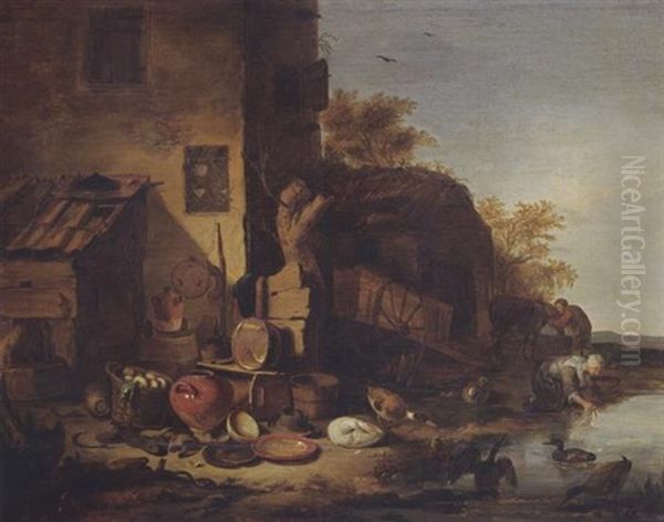 A Cottage With A Still Life Of Kitchen Utensils, Ducks, A Woman Washing Her Laundry In A Stream And A Man With A Horse In The Near Background Oil Painting by Egbert Lievensz van der Poel