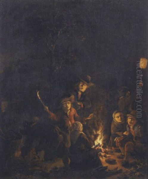 Boors Gathered Around A Bonfire At Night Oil Painting by Egbert Lievensz van der Poel