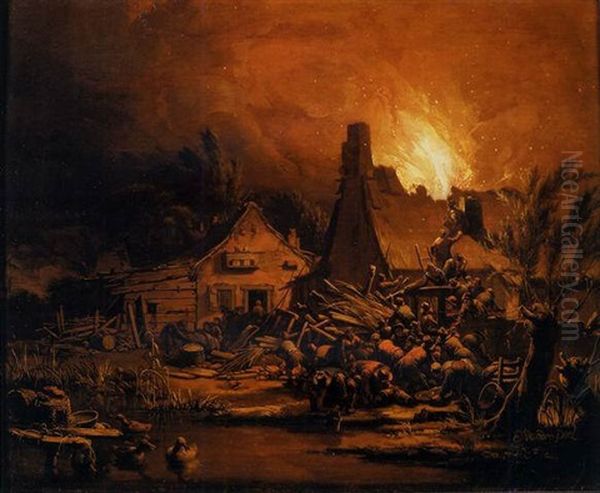 Villagers Putting Out A Cottage Fire At Night Oil Painting by Egbert Lievensz van der Poel