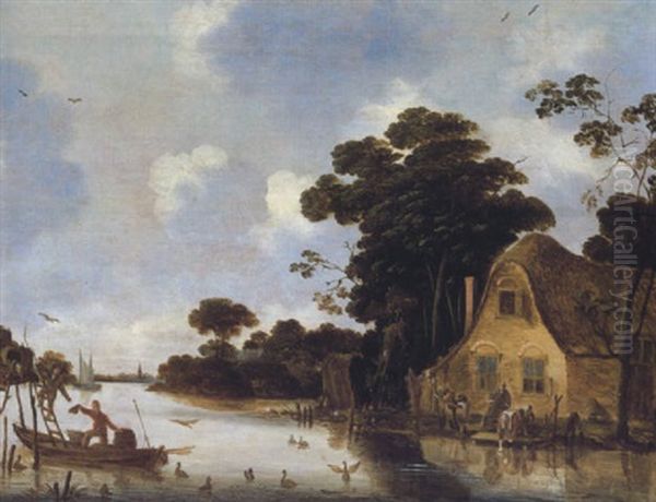 Bauernhaus An Einem Flus Mit Figuren Und Einem Boot Oil Painting by Egbert Lievensz van der Poel