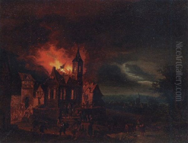 A Nocturnal Townscape With A Church On Fire Oil Painting by Egbert Lievensz van der Poel