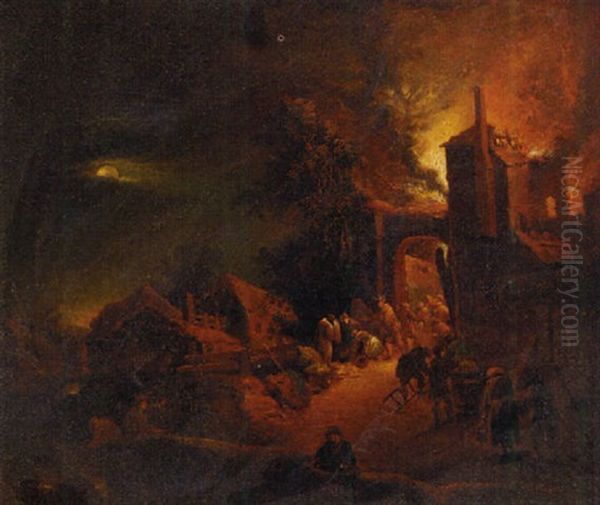 A House On Fire At Night Oil Painting by Egbert Lievensz van der Poel