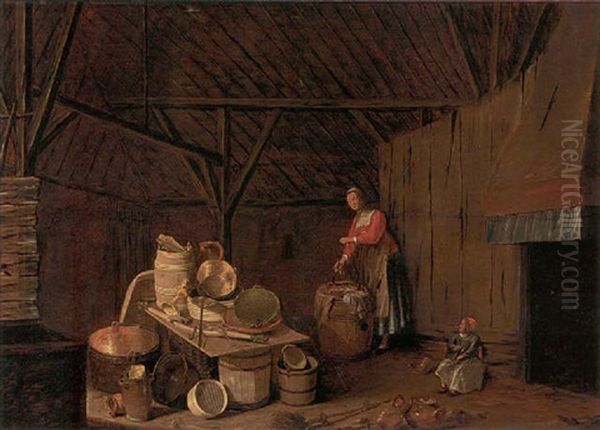 The Interior Of Barn With A Woman Washing Clothes Oil Painting by Egbert Lievensz van der Poel