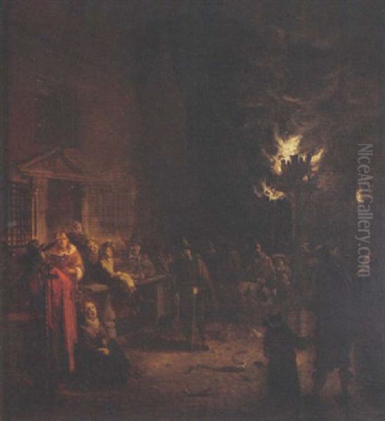 A Street Scene With Figures Standing Around A Tar Barrel Oil Painting by Egbert Lievensz van der Poel