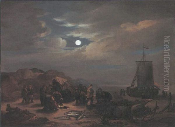 A Moonlit Beach Scene With Fishermen Unloading Their Catch Oil Painting by Egbert Lievensz van der Poel