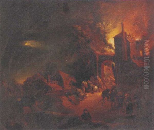 A House On Fire At Night Oil Painting by Egbert Lievensz van der Poel