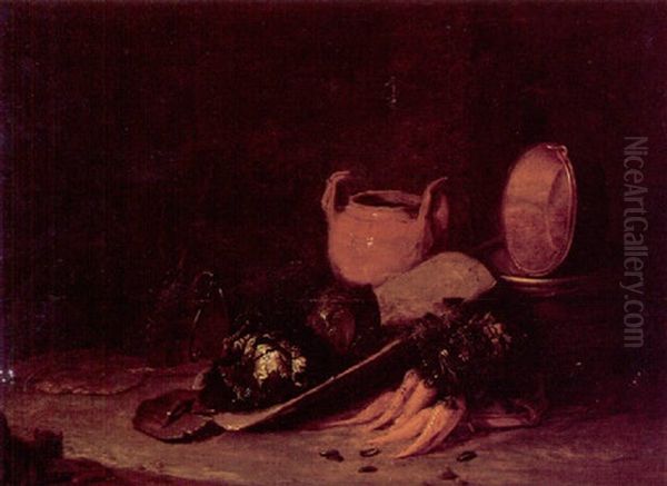 A Barn Interior With A Still Life Of Cabbage, Turnips, A Terracotta Urn, A Copper Pan, A Barrel, A Pale And Broom, A Cat In The Foreground Oil Painting by Egbert Lievensz van der Poel