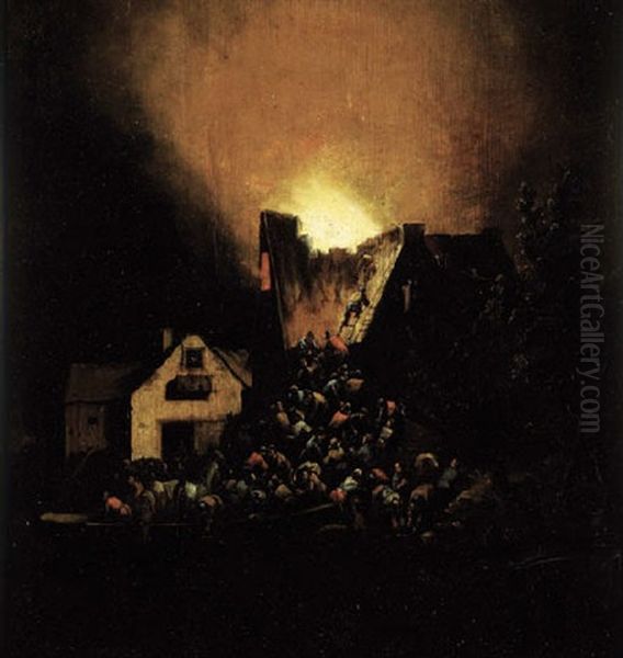 A House On Fire At Night With Peasants Coming To Rescue Oil Painting by Egbert Lievensz van der Poel