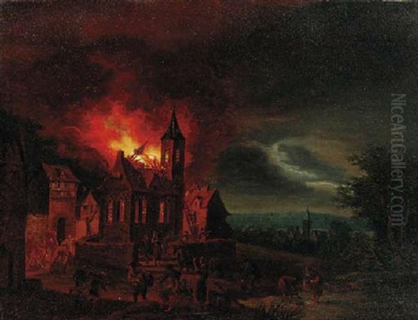 A Church Fire In A Town At Night, An Extensive Landscape Beyond Oil Painting by Egbert Lievensz van der Poel