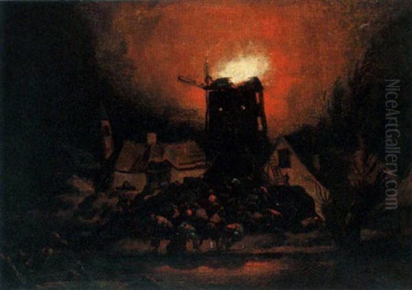 A Mill On Fire By Night Oil Painting by Egbert Lievensz van der Poel