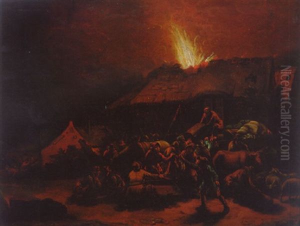 A Night Scene With Soldiers Looting A Village Oil Painting by Egbert Lievensz van der Poel