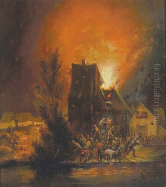 Natlig Scene Med Landsbyens Folk, Der Forsoger At Slukke En Brand Oil Painting by Egbert Lievensz van der Poel