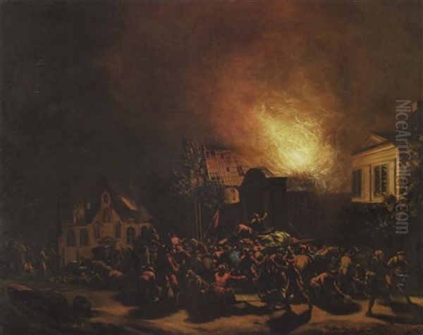 A Town On Fire At Night With Villagers Looting Oil Painting by Egbert Lievensz van der Poel