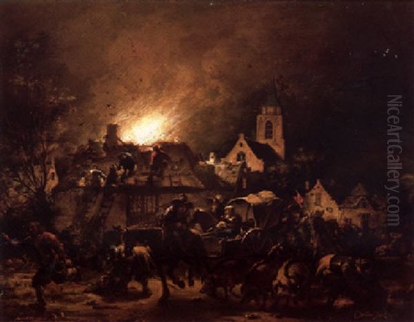 A Fire In A Village At Night Oil Painting by Egbert Lievensz van der Poel