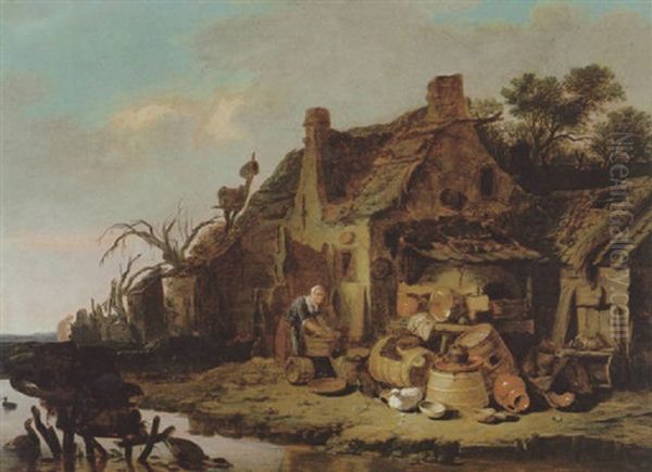 Bauerhaus An Einem Flus Mit Vielem Gerat Und Einer Frau Beim Waschewaschen Oil Painting by Egbert Lievensz van der Poel