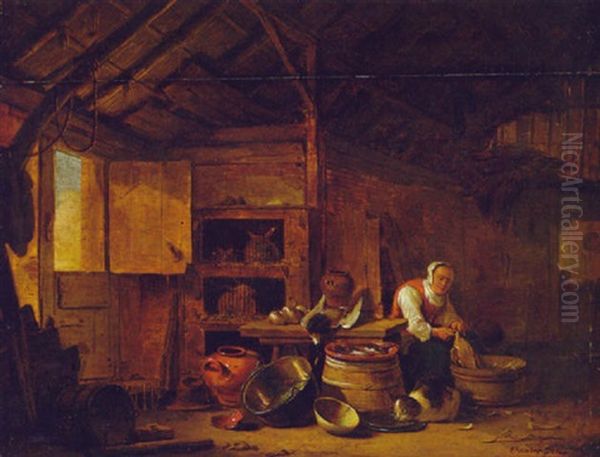 A Woman Plucking A Duck In A Barn Oil Painting by Egbert Lievensz van der Poel