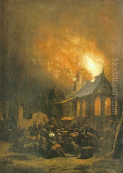 Manniskor Och Djur Samlade Framfor Brinnande Kyrka Oil Painting by Egbert Lievensz van der Poel