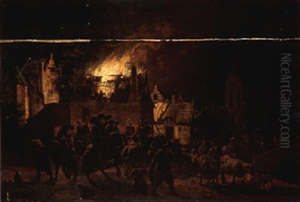 A Night Scene With Soldiers Setting A Village On Fire And Driving Out Its Inhabitants Oil Painting by Egbert Lievensz van der Poel