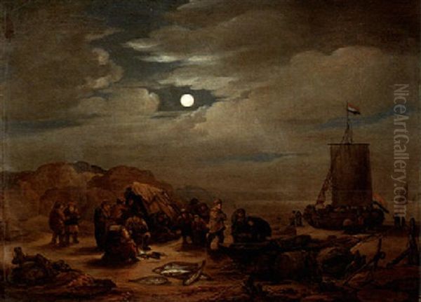 A Beach Scene By Moonlight Oil Painting by Egbert Lievensz van der Poel