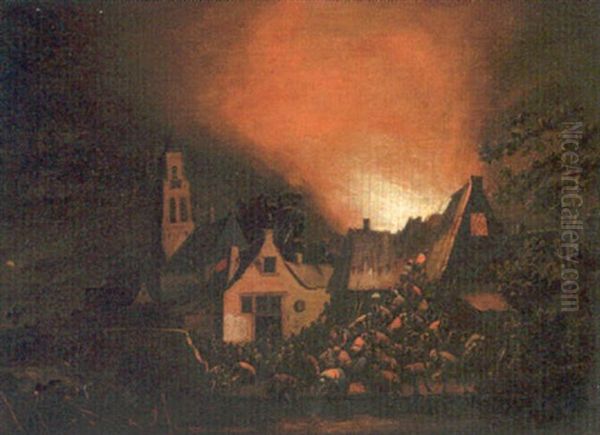 A Townhouse Ablaze At Night With Peasants Fighting A Fire Oil Painting by Egbert Lievensz van der Poel