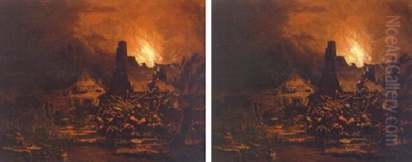 Villages Burning At Night Oil Painting by Egbert Lievensz van der Poel