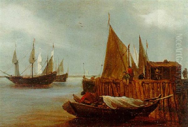 Boats Moored At A Jetty With Two Frigates Beyond Oil Painting by Egbert Lievensz van der Poel