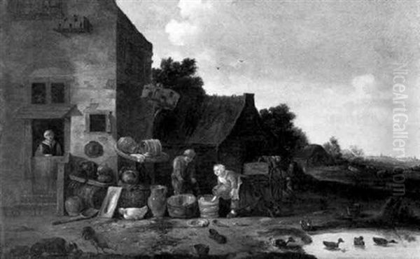 A Milkmaid And A Peasant Boy At Work With Jugs Oil Painting by Egbert Lievensz van der Poel