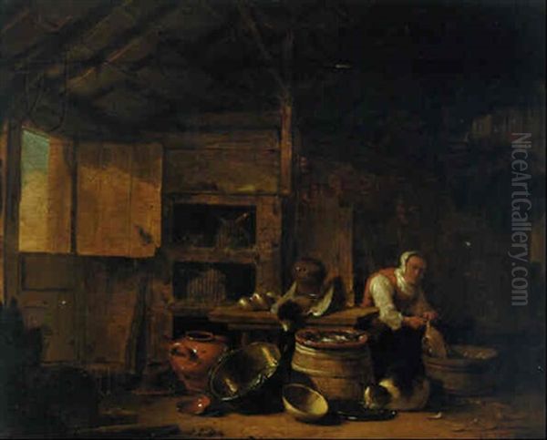 A Woman Plucking A Duck With A Cat In A Barn Oil Painting by Egbert Lievensz van der Poel