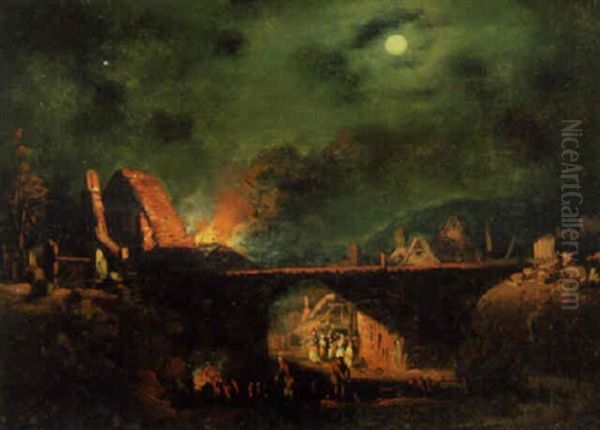 Peasants Watching A Fire In A Village By Moonlight Oil Painting by Egbert Lievensz van der Poel