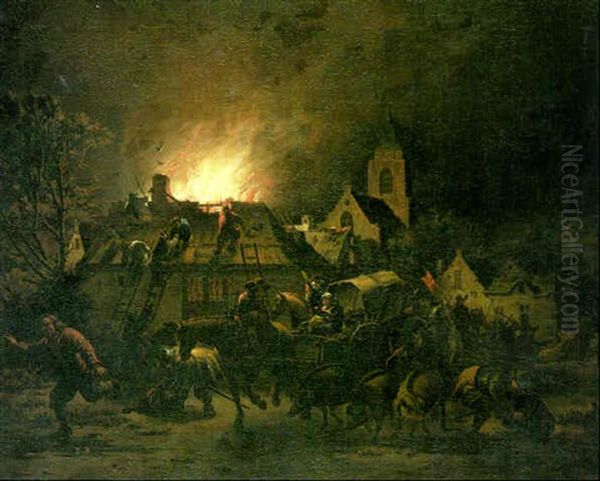 Villagers Fleeing Burning Houses Oil Painting by Egbert Lievensz van der Poel